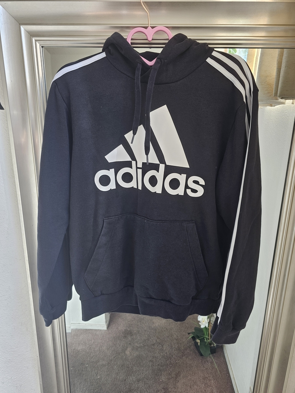 adidas Black Hoodie with White Logo & Stripes